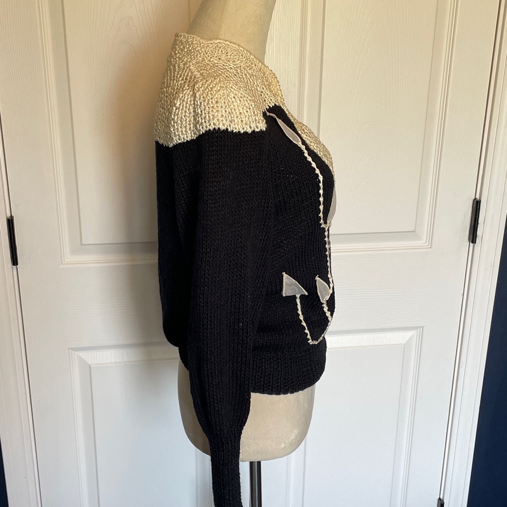 Vintage Nannell Black Cream V-Neck Embroidered Puff Shoulder Sweater Sz M - Picture 6 of 12